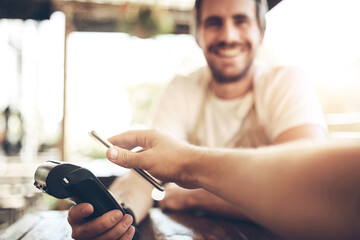 Barista, smartphone and pos terminal in restaurant for payment by customer for waitress service....