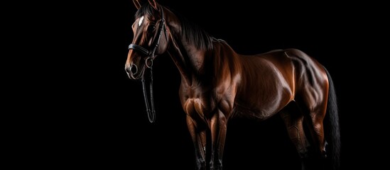 Horse with a classy stance on a black backdrop with copy space image