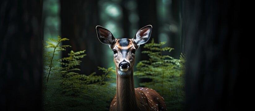 Copy space image of a stunning portrait of a doe staring directly into the camera