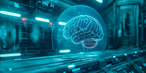 The futuristic brain contains AI text representing artificial intelligence, technology, data science and innovative Internet projects. The banner