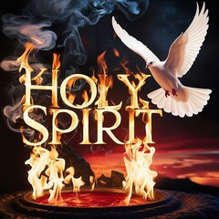 burning candle in the sky / A cinematic shot of the word "HOLY SPIRIT" in flames, suspended in swirling plumes of smoke