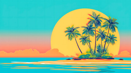 Fototapeta premium A minimalistic image of a tropical island with palm trees on the shore and a large empty space for text. This drawing is suitable for advertising travel, tourism and beach holidays.