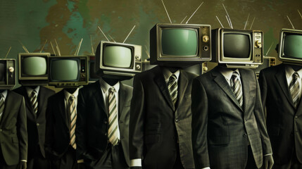 A surreal image of people in suits with old-fashioned television sets for heads, standing in a line against an abstract backdrop.