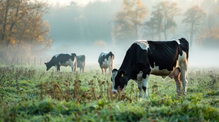 Holstein cows in the pasture with copy space in blue sky