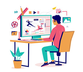 Animation designer at pc computer with video motion design on screen vector illustration. Freelance animator artist creating graphic for movie at workplace