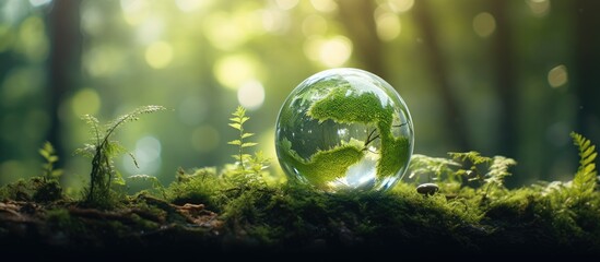 A serene green globe nestled in a mossy forest enveloped in soft sunlight and with ample blank...