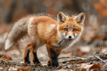 Baby Fox: An adorable baby fox kit with reddish fur and a bushy tail, exploring a forest clearing.