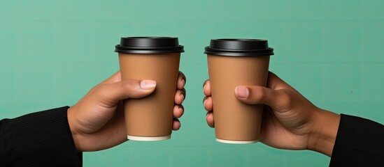 Two brown paper cups with black lids being held up in hands against a green background showcasing a special offer for coffee or tea to go ideal for a copy space image