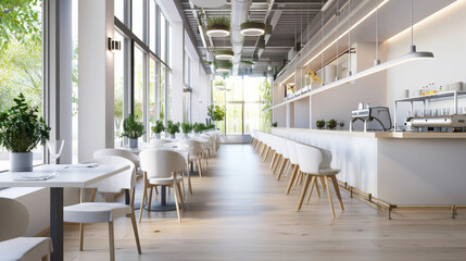 A modern, light-filled restaurant interior with sleek furnishings and abundant greenery, radiating a fresh and inviting atmosphere.