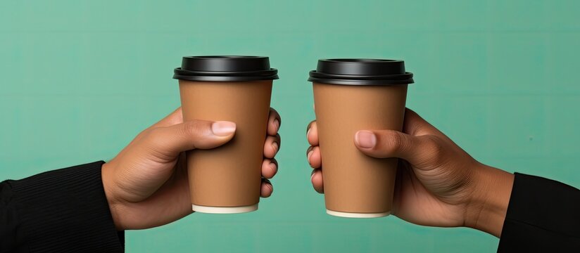 Two brown paper cups with black lids being held up in hands against a green background showcasing a special offer for coffee or tea to go ideal for a copy space image