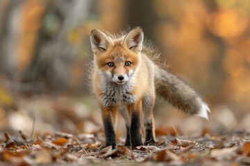 Fototapeta premium Baby Fox: An adorable baby fox kit with reddish fur and a bushy tail, exploring a forest clearing.