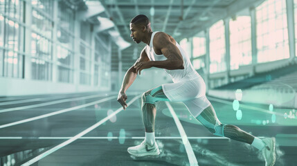 An athlete wearing high-tech leg braces is captured in a dynamic starting position on a futuristic indoor track, symbolizing the fusion of technology and sports.