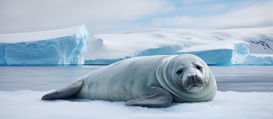 A dozing Crabeater Seal on the Antarctic ice extending one flipper upwards with a backdrop of ample copy space image