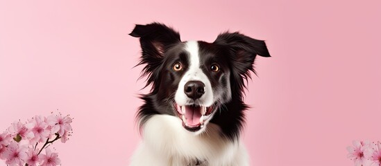 Obraz premium Happy border collie dog in a portrait with a spring theme depicted in isolation on a pink pastel background offering copy space image