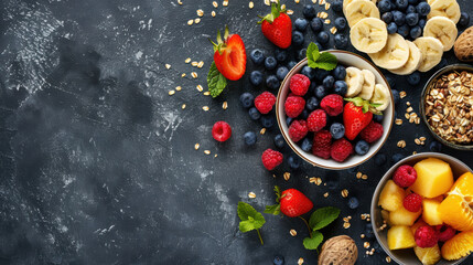 A bowl of fruit is on a table with other bowls of fruit