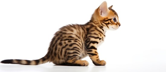 Bengal cat kitten shown in profile on a white background with copy space image