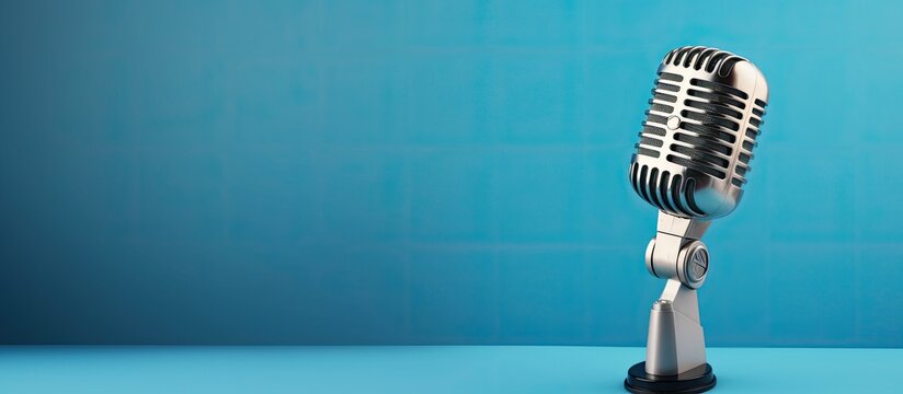 Radio microphone on a blue background symbolizing podcasting online radio streaming entertainment and communication with a copy space image