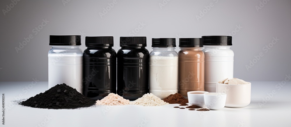 Canvas Prints Sport nutrition items like whey protein and gainer displayed in black plastic jars and shaker on a white background with copy space image