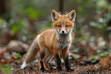 Naklejka premium Baby Fox: An adorable baby fox kit with reddish fur and a bushy tail, exploring a forest clearing.