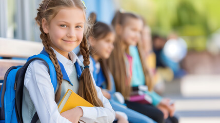 Smiling schoolgirl holding books in the school