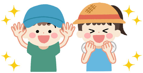 帽子をかぶった元気な笑顔の子供たちのイラスト