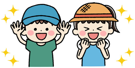 帽子をかぶった元気な笑顔の子供たちのイラスト