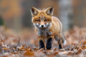 Fototapeta premium Baby Fox: An adorable baby fox kit with reddish fur and a bushy tail, exploring a forest clearing.