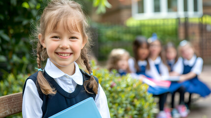 Smiling schoolgirl holding books in the school