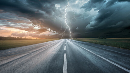 A deserted road paved with rain reflects the grey clouds above as lightning bolts dramatically slice through the stormy sky, creating a scene of powerful natural energy.