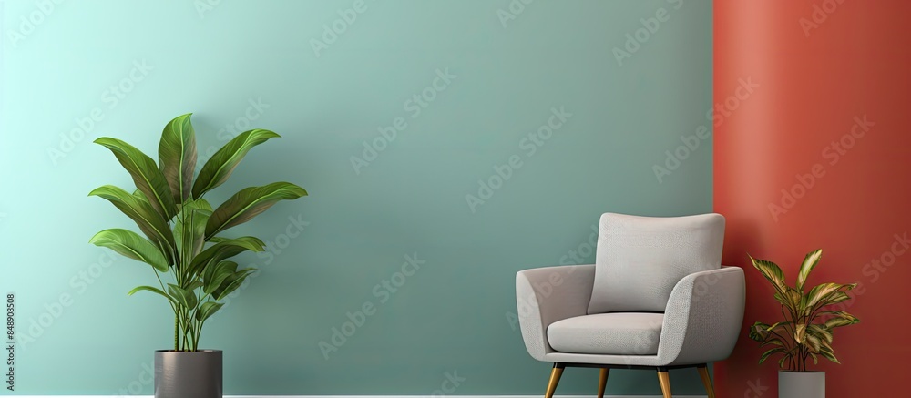 Poster A cozy armchair next to a table displaying a houseplant against a colorful wall with copy space image