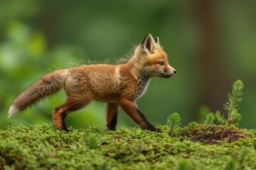Fototapeta premium Baby Fox: An adorable baby fox kit with reddish fur and a bushy tail, exploring a forest clearing.