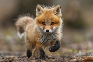 Baby Fox: An adorable baby fox kit with reddish fur and a bushy tail, exploring a forest clearing.