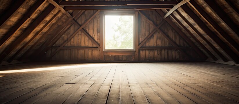 A vintage attic with wooden floor roof rafters and a window featuring a shallow focus for a copy space image