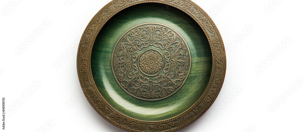 Canvas Prints An antique green plate made of jade and brass with intricate patterns for serving tea or coffee presented in a top view shot against a white background with copy space image