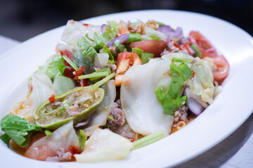 Thai salad is Spicy Glass Seaweed noodle Salad with Minced Pork.