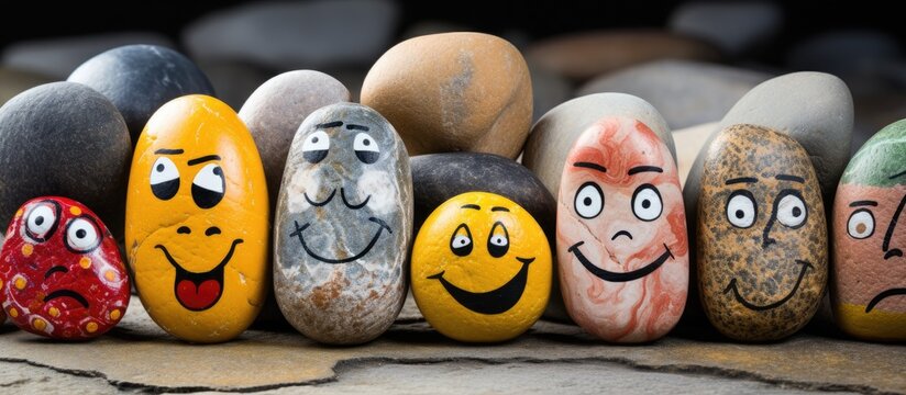 Stones with painted faces representing various emotions illustrate the concept of emotion management united in learning to manage our diverse emotions with a copy space image available