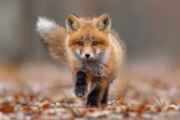 Fototapeta premium Baby Fox: An adorable baby fox kit with reddish fur and a bushy tail, exploring a forest clearing.