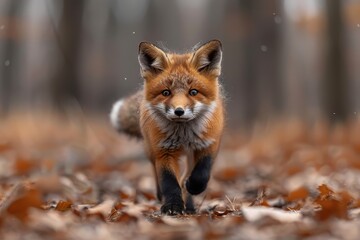 Fototapeta premium Baby Fox: An adorable baby fox kit with reddish fur and a bushy tail, exploring a forest clearing.