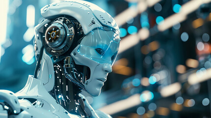 Fototapeta premium A robot with a human head showcasing AI Artificial Intelligence technology and a digital brain engin