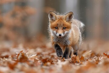 Obraz premium Baby Fox: An adorable baby fox kit with reddish fur and a bushy tail, exploring a forest clearing.