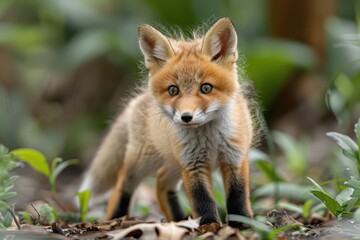 Fototapeta premium Baby Fox: An adorable baby fox kit with reddish fur and a bushy tail, exploring a forest clearing.