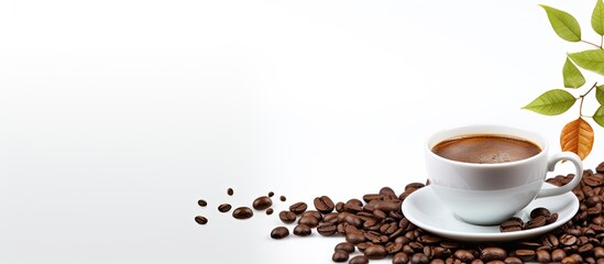 Obraz premium White background with coffee cup and beans offering copy space image