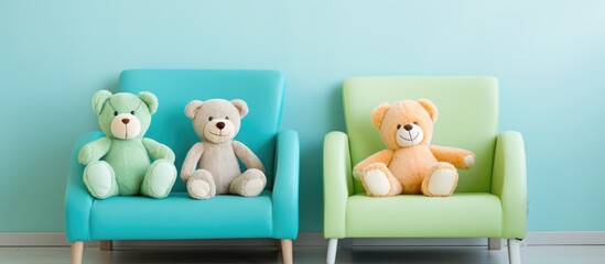 Three adorable stuffed animal toys placed on chairs in the waiting room of a contemporary hospital or health center for kids with a copy space image available