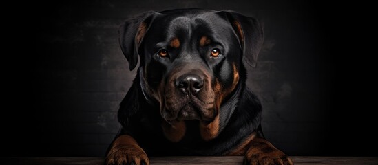 Obraz premium Portrait of a Rottweiler in a dark photography studio with copy space image