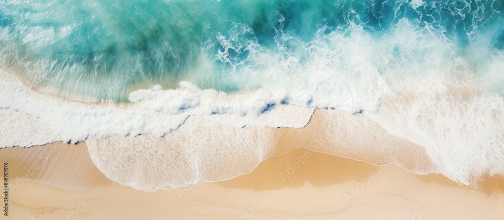 Canvas Prints Top view of a scenic coastal seascape with a pristine beach deep blue waters and powerful waves perfect for a travel or vacation copy space image