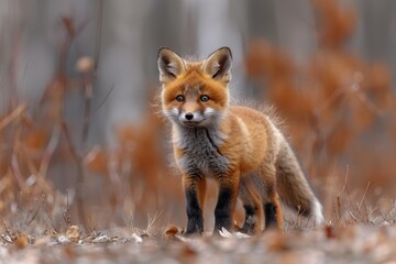 Fototapeta premium Baby Fox: An adorable baby fox kit with reddish fur and a bushy tail, exploring a forest clearing.