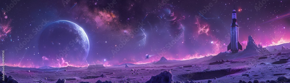 Wall mural a space scene with a large planet and a rocket