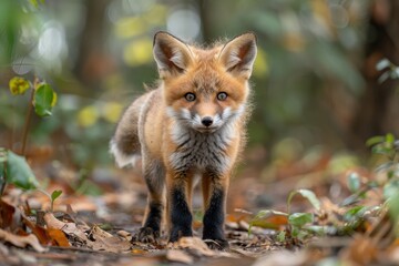 Fototapeta premium Baby Fox: An adorable baby fox kit with reddish fur and a bushy tail, exploring a forest clearing.