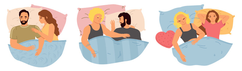 Cartoon sleeping couple in bed top view vector illustration. Young man and woman in love embracing resting on pillow under blanket