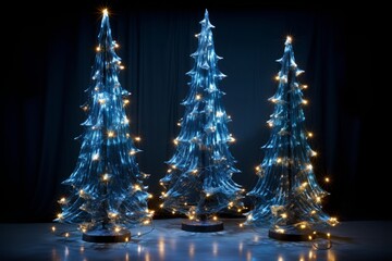 Christmas tree with shining light with particles falling snowflakes and stars 3d rendering blue background